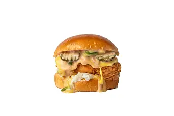 Golden fried chicken burger with cheese and creamy sauce