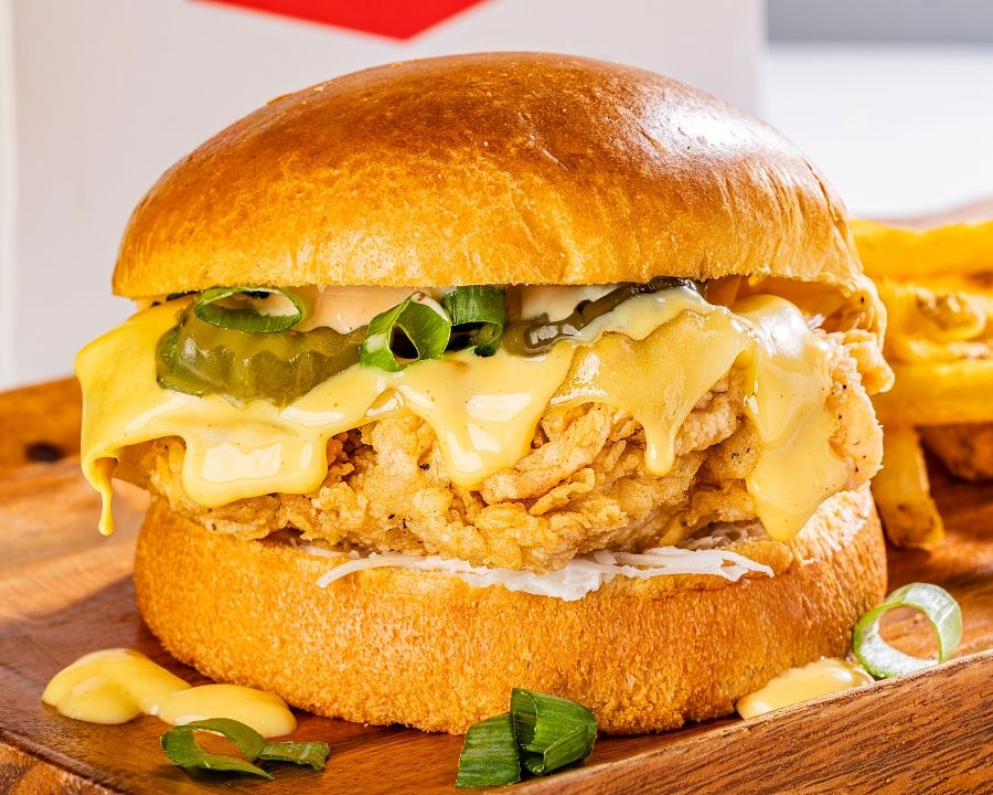 Cheesy fried chicken burger